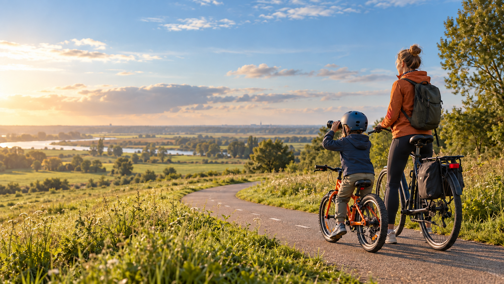 Kind kijkt vanaf de fiets door een verrekijker naar de horizon, met moeder ernaast